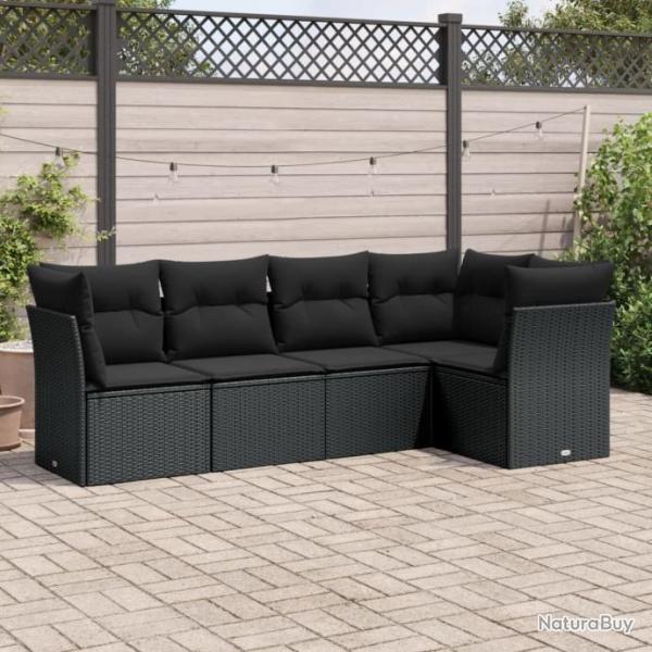 Salon de jardin 5 pcs avec coussins noir rsine tresse