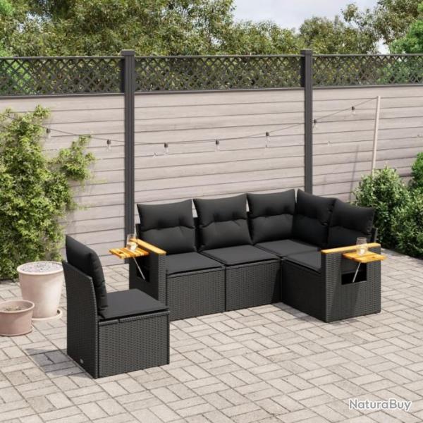 Salon de jardin 5 pcs avec coussins noir rsine tresse