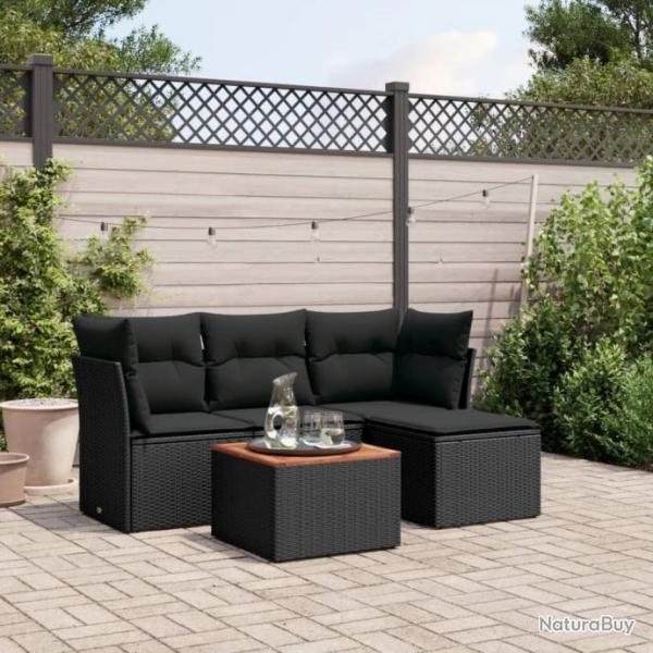 Salon de jardin 5 pcs avec coussins noir rsine tresse