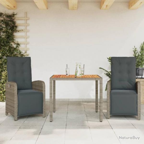 Ensemble de bistro 3 pcs avec coussins gris rsine tresse