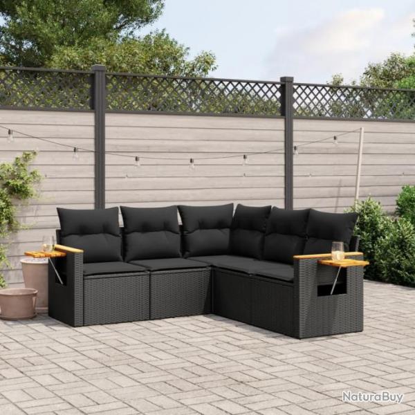 Salon de jardin 5 pcs avec coussins noir rsine tresse