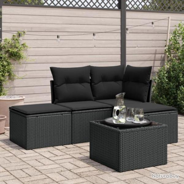 Salon de jardin 5 pcs avec coussins noir rsine tresse