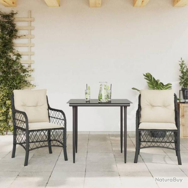 Ensemble de bistro 3 pcs avec coussins noir rsine tresse