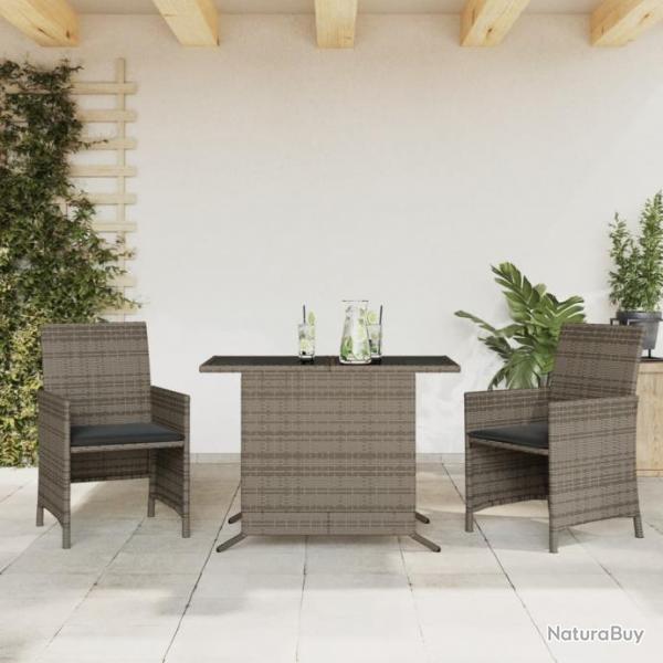 Ensemble de bistro 3 pcs avec coussins gris rsine tresse