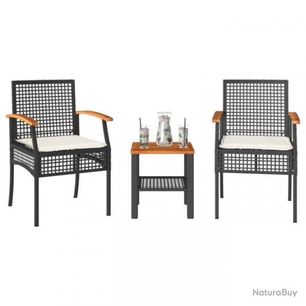 Ensemble de bistro 3 pcs et coussins noir rsine tresse acacia