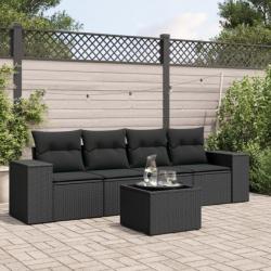 Salon de jardin 5 pcs avec coussins noir résine tressée