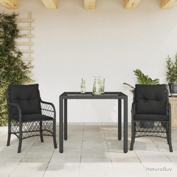 Ensemble de bistro 3 pcs avec coussins noir rsine tresse