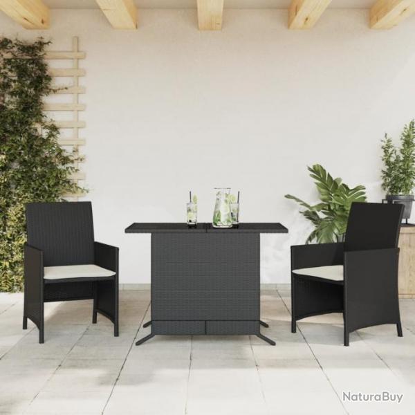 Ensemble de bistro 3 pcs avec coussins noir rsine tresse