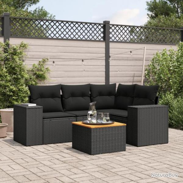 Salon de jardin 5 pcs avec coussins noir rsine tresse