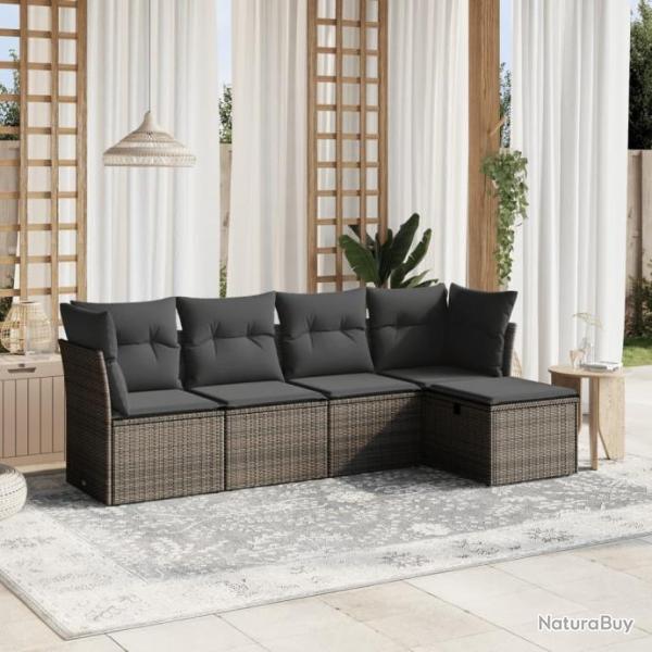 Salon de jardin 5 pcs avec coussins gris rsine tresse