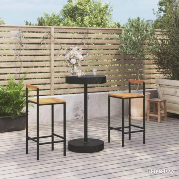 Ensemble de bar jardin 3 pcs noir poly rotin/bois massif acacia