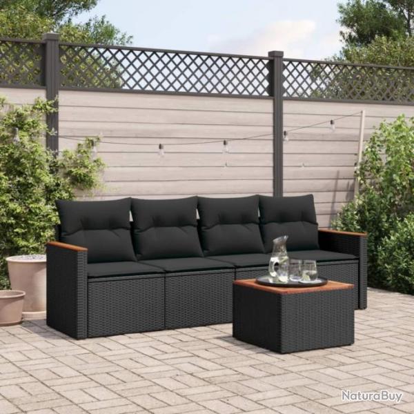 Salon de jardin 5 pcs avec coussins noir rsine tresse