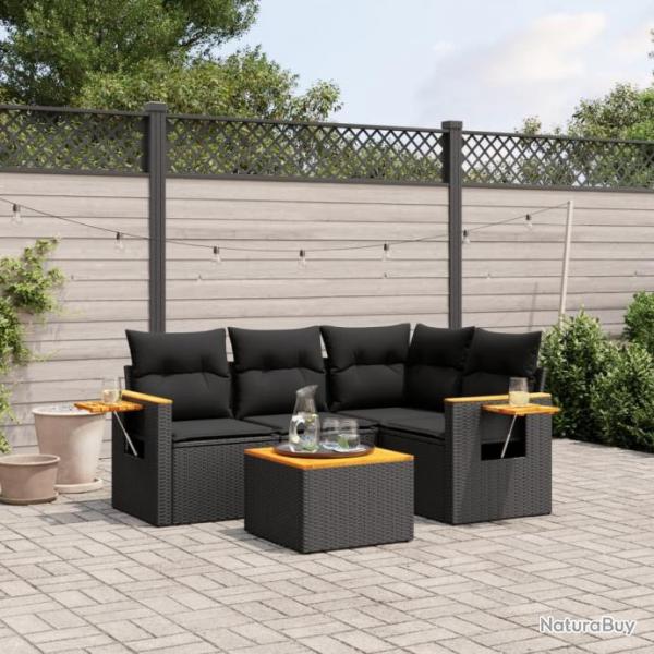 Salon de jardin 5 pcs avec coussins noir rsine tresse