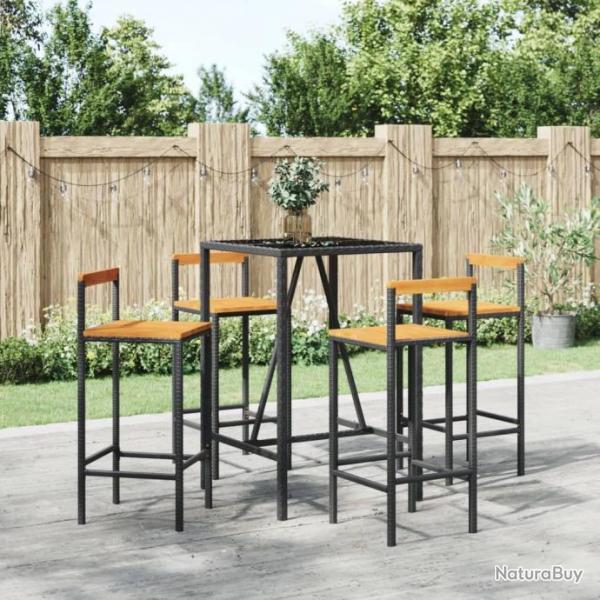 Ensemble de bar jardin 5 pcs noir poly rotin/bois massif acacia