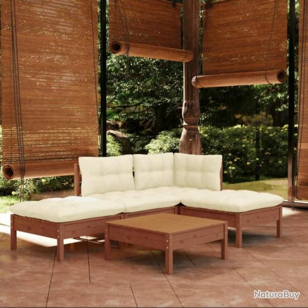 Salon de jardin 5 pcs avec coussins marron miel bois de pin