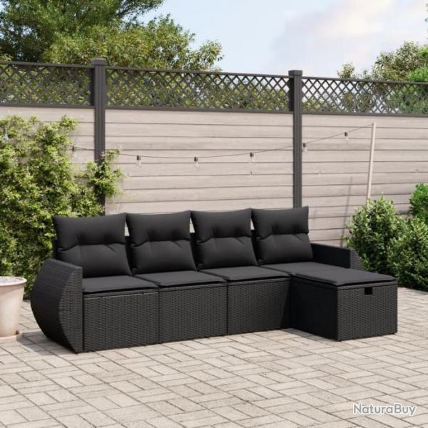 Salon de jardin 5 pcs avec coussins noir rsine tresse