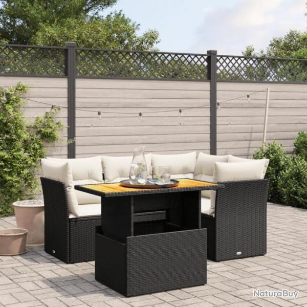 Salon de jardin 5 pcs avec coussins noir rsine tresse