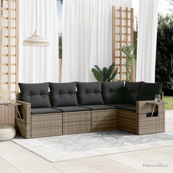 Salon de jardin 5 pcs avec coussins gris rsine tresse