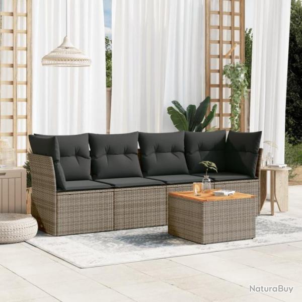 Salon de jardin 5 pcs avec coussins gris rsine tresse