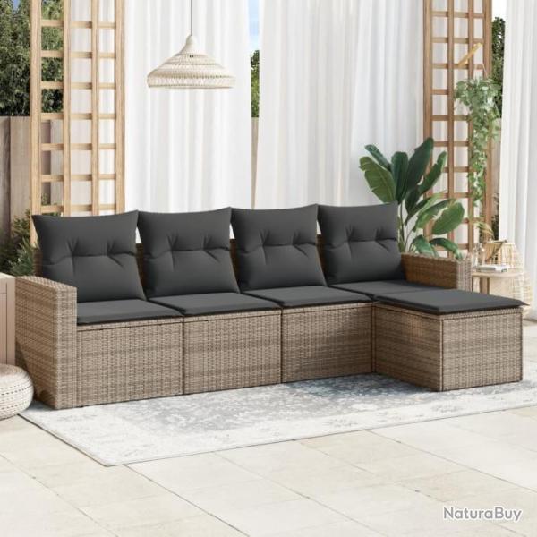 Salon de jardin 5 pcs avec coussins gris rsine tresse