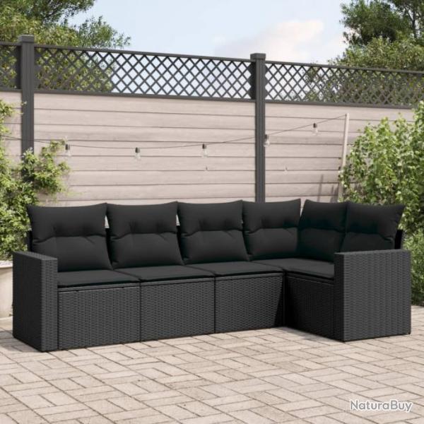 Salon de jardin 5 pcs avec coussins noir rsine tresse