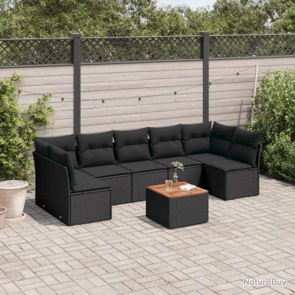 Salon de jardin 8 pcs avec coussins noir rsine tresse