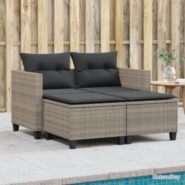 Canap de jardin 2 places avec tabourets gris clair poly rotin