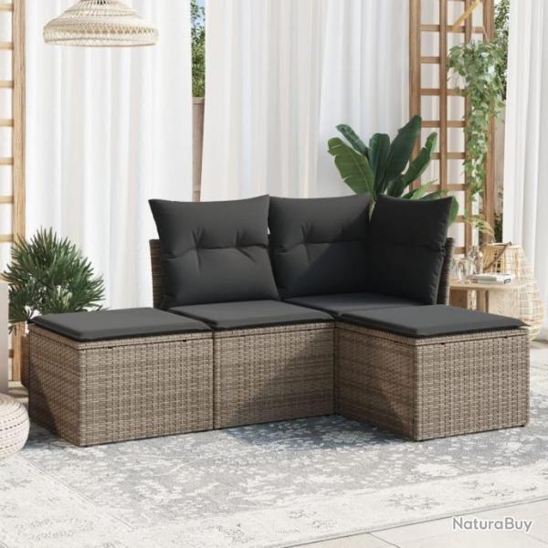 Salon de jardin 4 pcs avec coussins gris rsine tresse