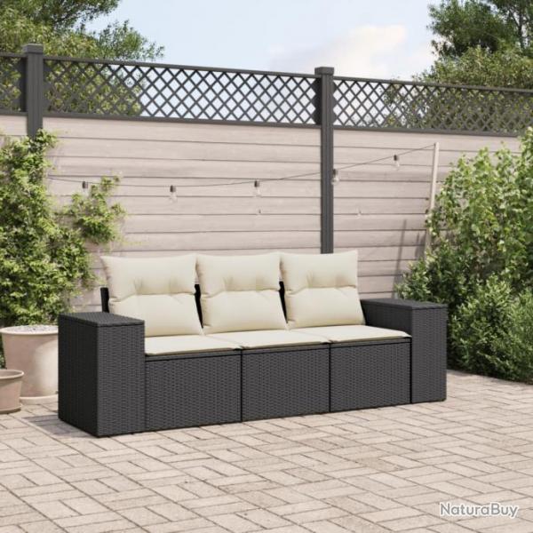 Salon de jardin 3 pcs avec coussins noir rsine tresse