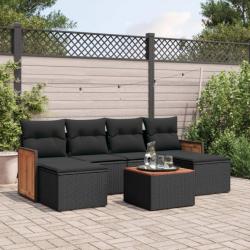 Salon de jardin 7 pcs avec coussins noir résine tressée