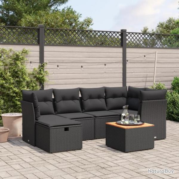 Salon de jardin 7 pcs avec coussins noir rsine tresse