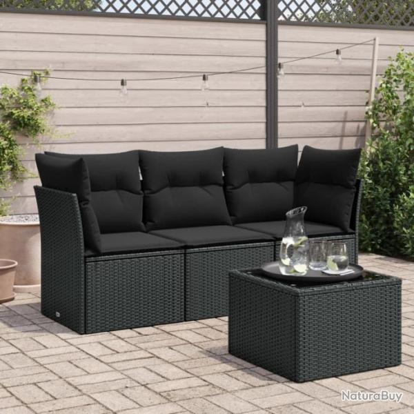 Salon de jardin 4 pcs avec coussins noir rsine tresse