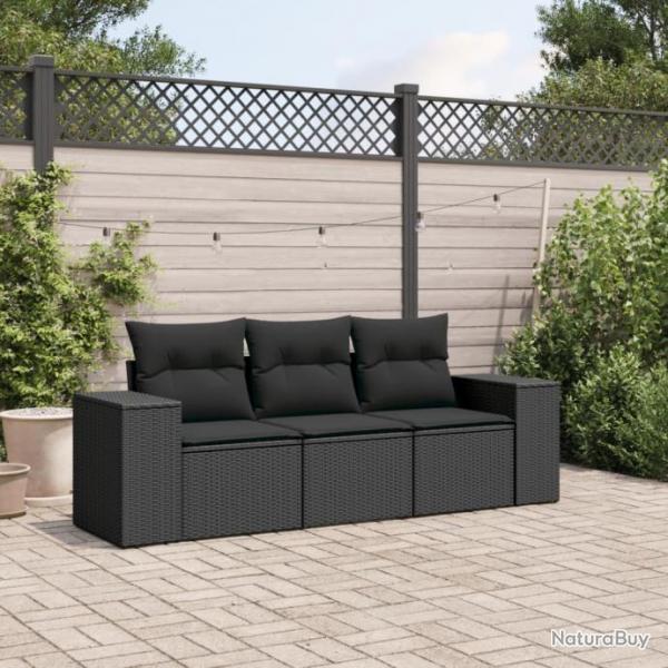 Salon de jardin 3 pcs avec coussins noir rsine tresse