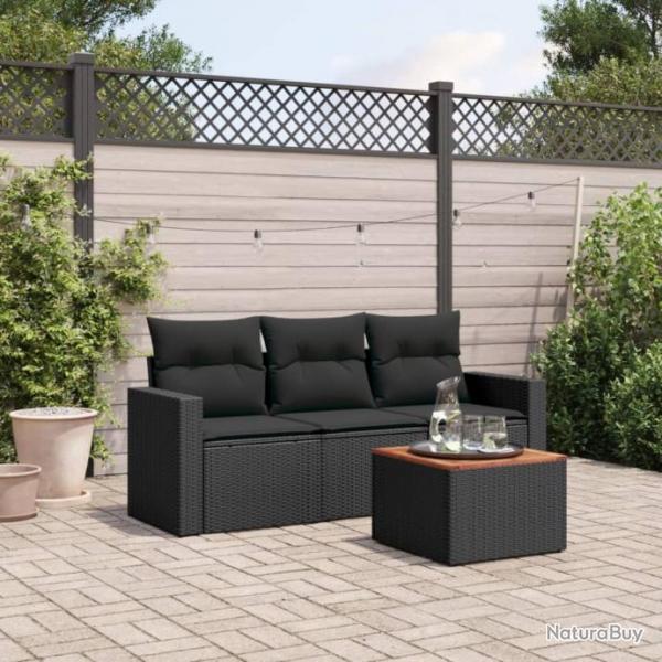 Salon de jardin 4 pcs avec coussins noir rsine tresse