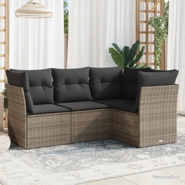 Salon de jardin 4 pcs avec coussins gris rsine tresse