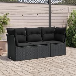 Salon de jardin 3 pcs avec coussins noir résine tressée