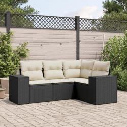 Salon de jardin 4 pcs avec coussins noir résine tressée