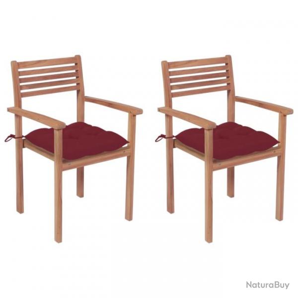 Chaises de jardin 2 pcs avec coussins bordeaux Teck massif