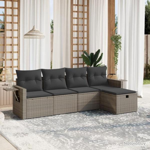 Salon de jardin 5 pcs avec coussins gris rsine tresse