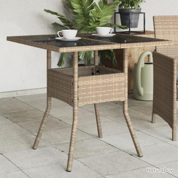 Table de jardin dessus en verre beige 80x80x75cm rsine tresse