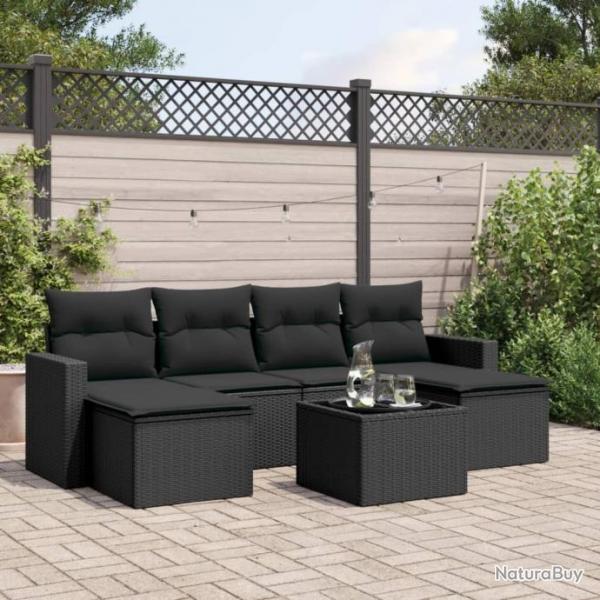 Salon de jardin 7 pcs avec coussins noir rsine tresse