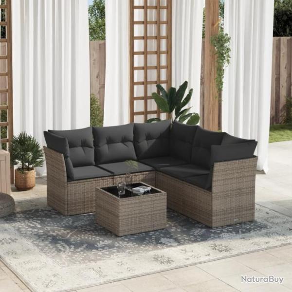 Salon de jardin 6 pcs avec coussins gris rsine tresse