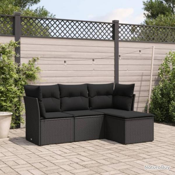 Salon de jardin 4 pcs avec coussins noir rsine tresse