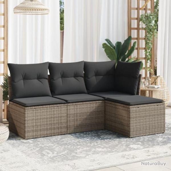 Salon de jardin 4 pcs avec coussins gris rsine tresse