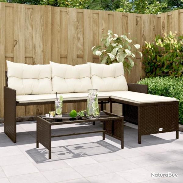 Canap de jardin avec table et coussins en forme de L marron