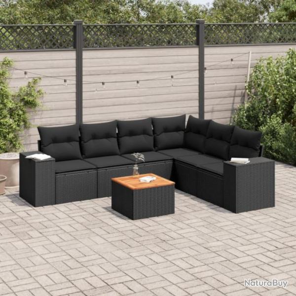 Salon de jardin 7 pcs avec coussins noir rsine tresse