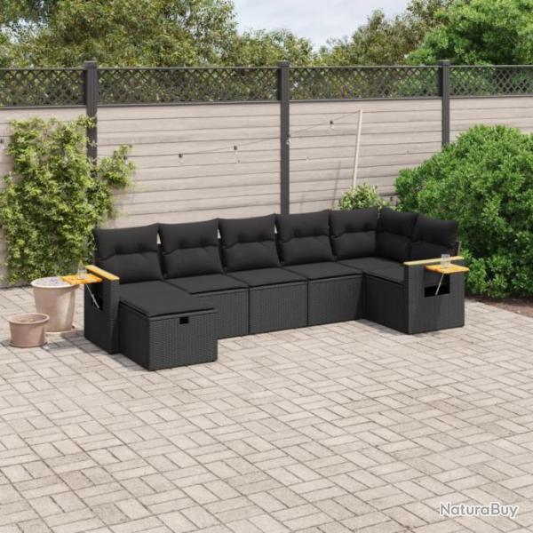 Salon de jardin 7 pcs avec coussins noir rsine tresse