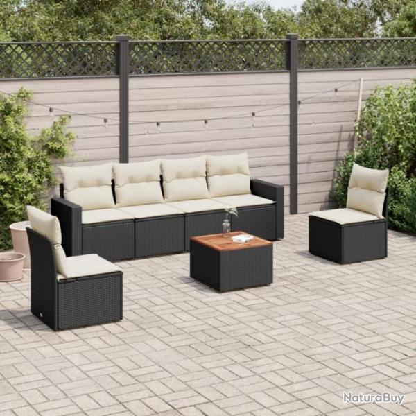 Salon de jardin 7 pcs avec coussins noir rsine tresse