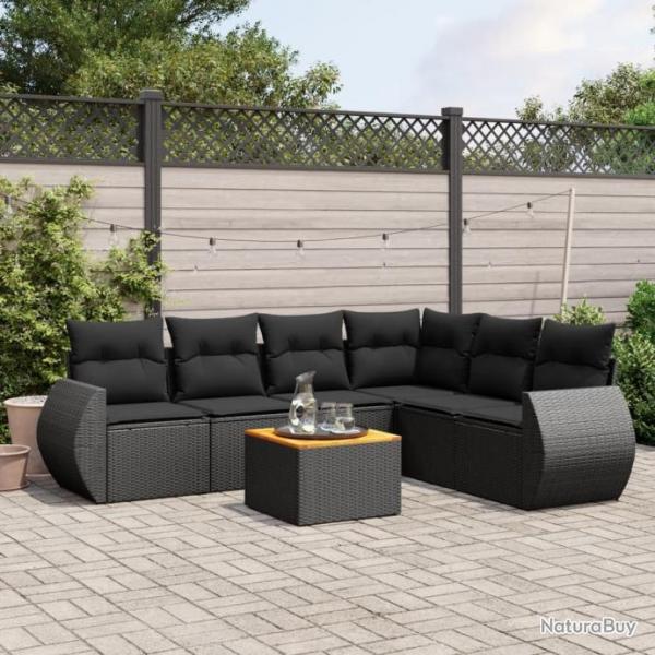 Salon de jardin 7 pcs avec coussins noir rsine tresse