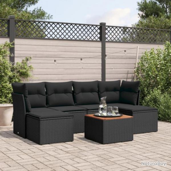 Salon de jardin 7 pcs avec coussins noir rsine tresse